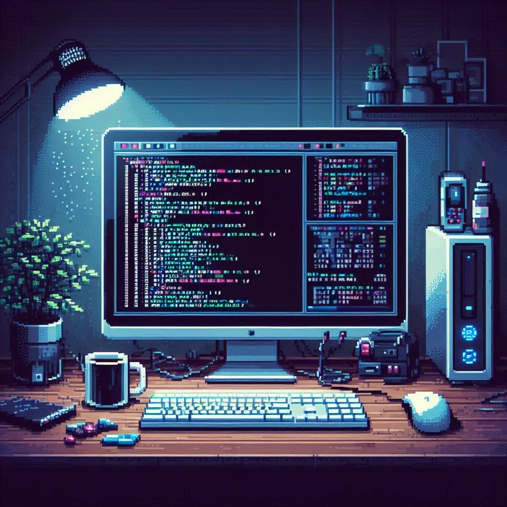 Imagen en pixel art que muestra un escritorio con una computadora que muestra código