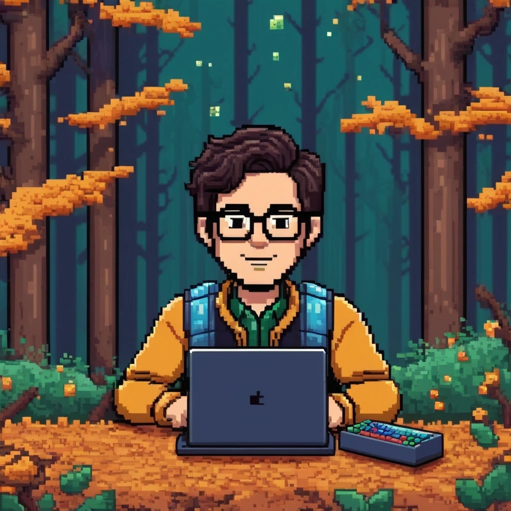 Imagen de dimitrios mandamadiotis como pixel art programando en un bosque